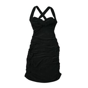 Sabora Ruched Bodycon Cross Back Mini Dress Black Size S